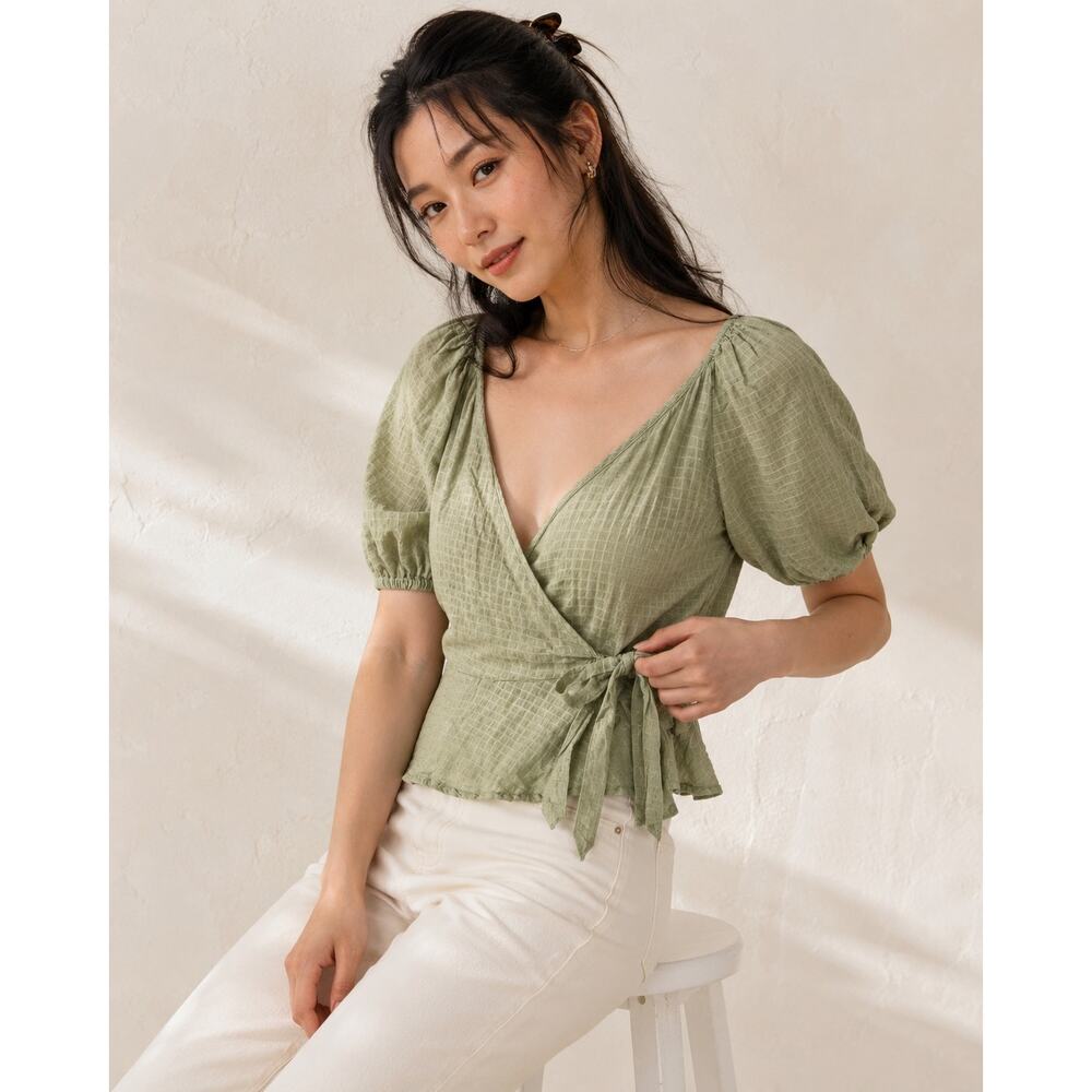 Universal Thread Olive Sage Wrap Blouse with Puff Sleeves